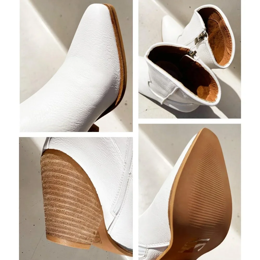 NEW Pointy Toe Stack Block Heel Western Curved Mid Ankle Booties Boots Off White - Picture 7 of 13